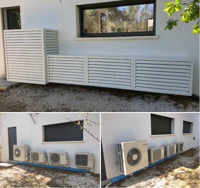 Installation-cache-clim-alize-coffre-clim-condor.jpg Installation de cache clim CONDOR Aluminium Blanc pour groupe extérieur de climatisation